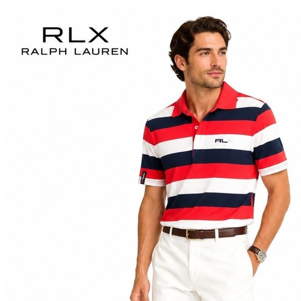 RLX Ralph Lauren Women's Striped Golf Polo Shirt Coral Navy White Medium